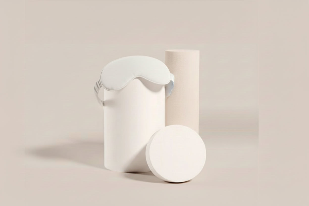 White sleep mask and round device on a beige background