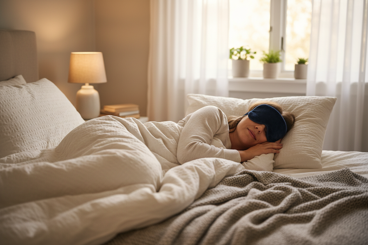 a person sleeping with a eye mask on